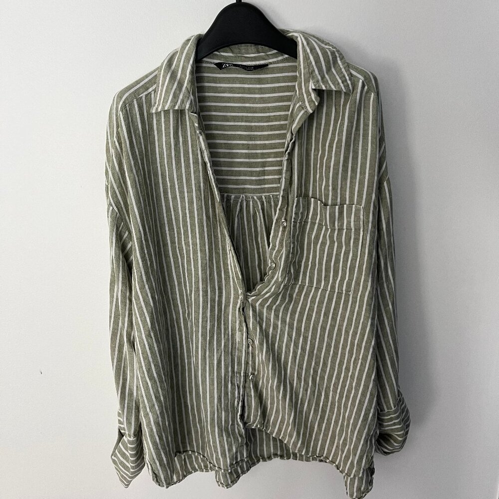 Zara green and white striped long sleeve button up